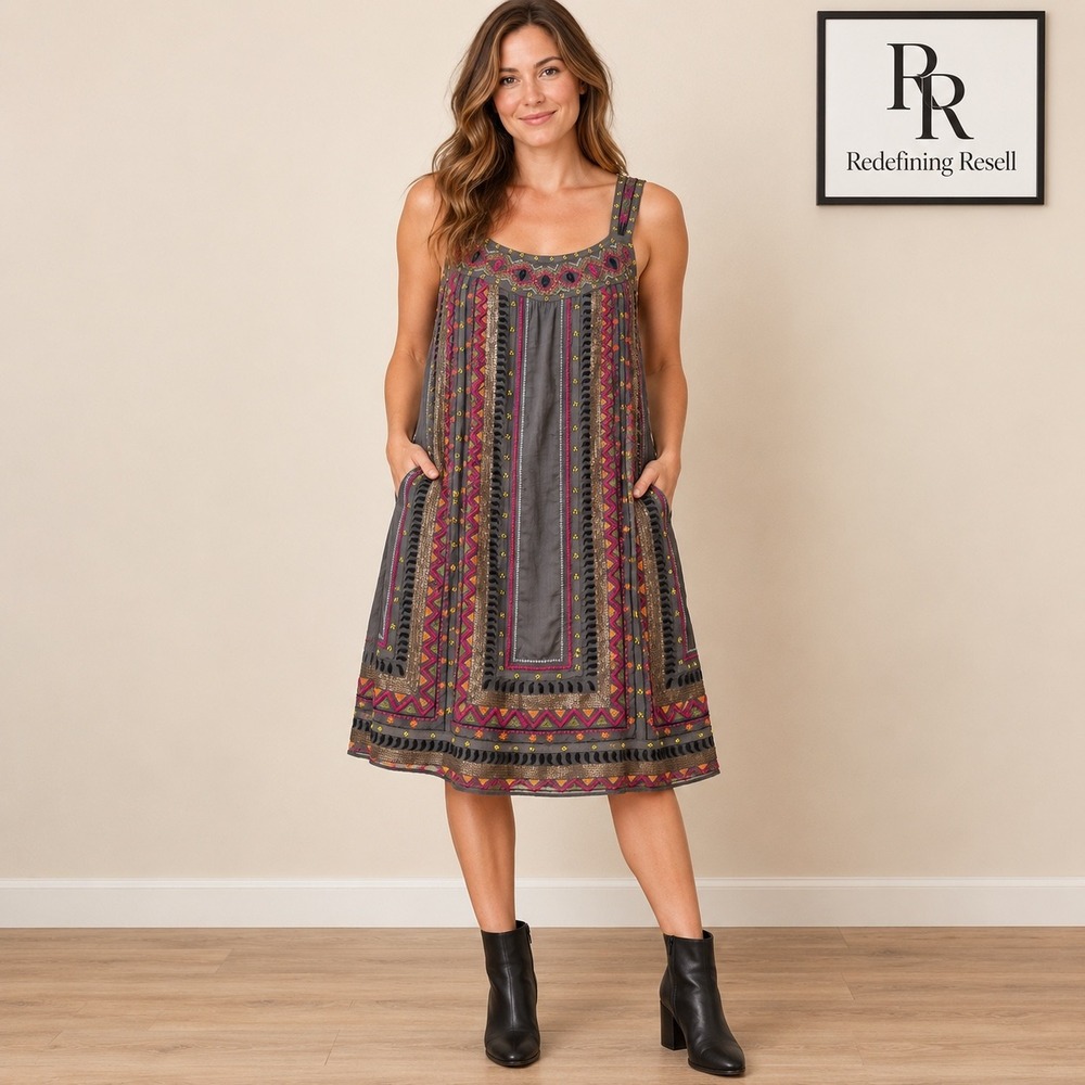 Sundance Gray Embroidered Sequin Boho Sleeveless Shift Dress Pockets Large